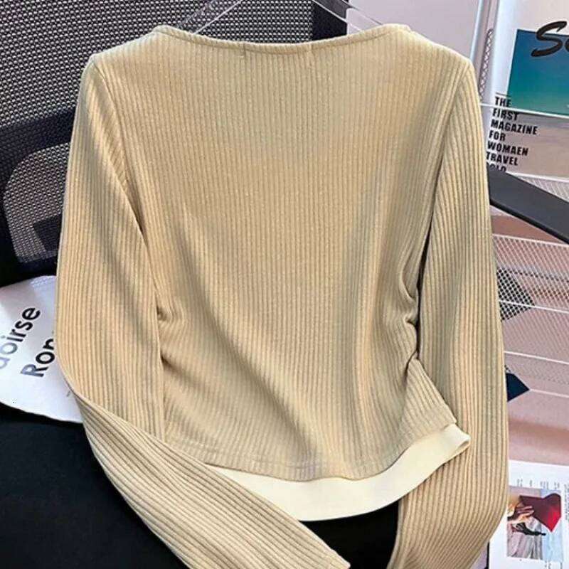 Unique Design Fake Two Pieces Long Sleeve Slim Fit T-Shirt Women's Early Autumn Wrinkle New Base Shirt Top Korean Knitwear 26L0224