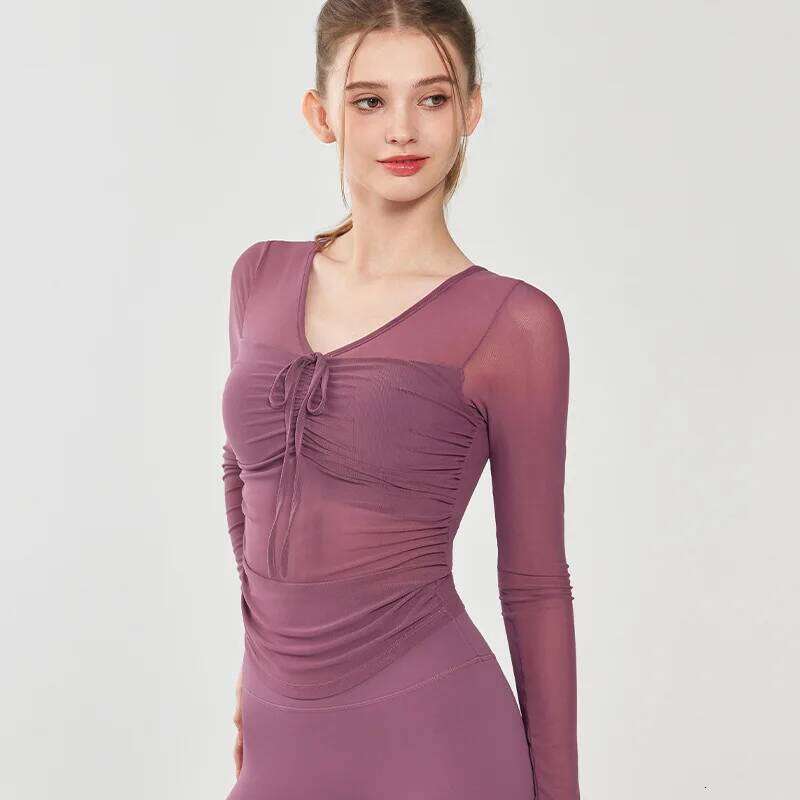 Sexy mesh high-end yoga suit long sleeved one-piece chest cushion fitness training Pilates sports top for women 26Y0224