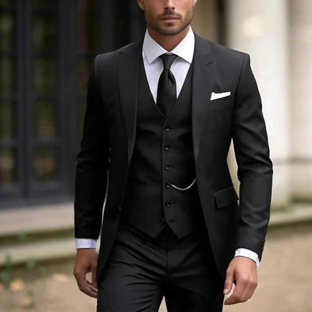 2024 New Style Black Two Bottom Satin Beach Men Suit Mens Wedding Prom Suits Costume Homme 3 Pieces (Jacket+Pants+Vest) X250704