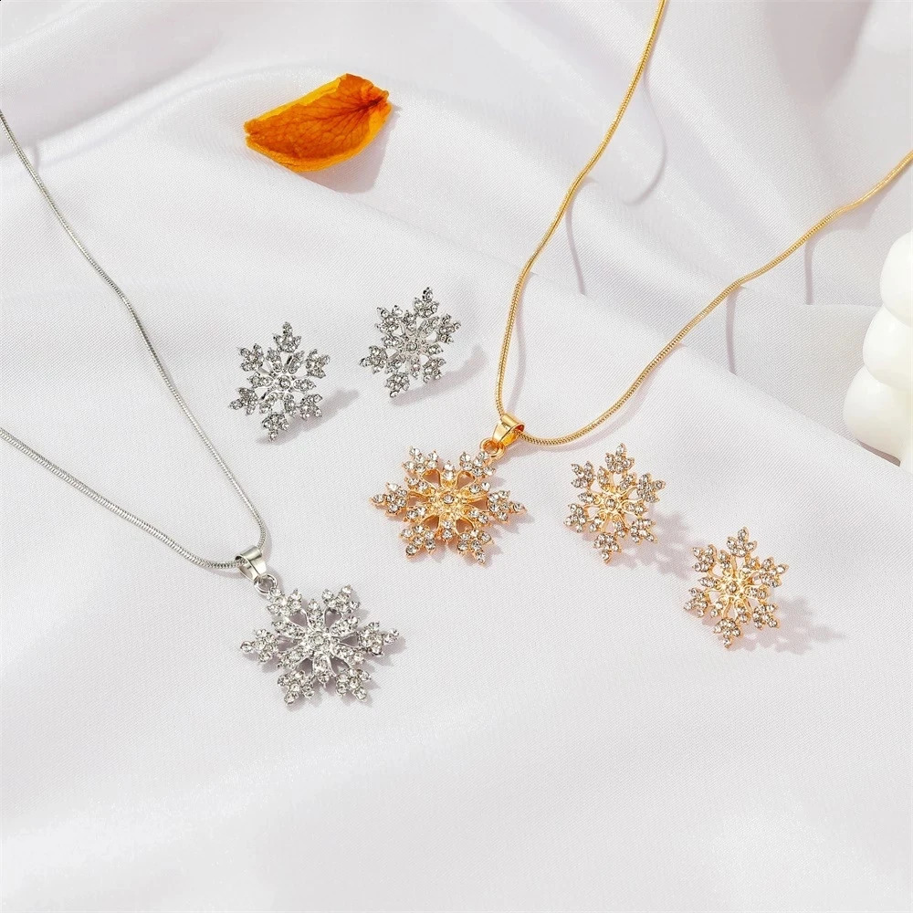 925 Silver Gold Color Snow Flower Wedding Engagement Jewelry Set For Women Pendant Necklace Earrings Fashion 260207