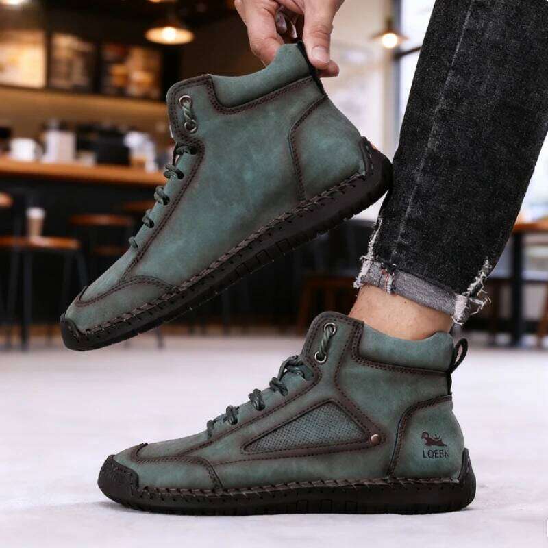 Men Fashion High Top Sneakers Beige Retro Track Style 2025 Breath Mixed Leather Ankle Boots Non Slip Comfort Casual Shoes Women