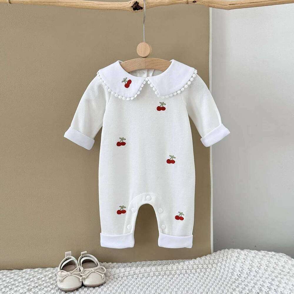 Cute Cherry Embroidery Baby Spring Autumn Soft Fabric Peter Pan Collar Long Sleeve Jumpsuit For Infant Girls Daily Wear 26H0224