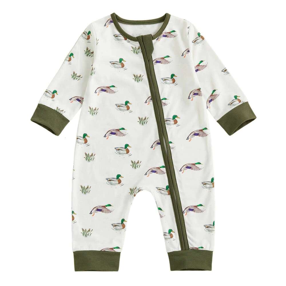Newborn Baby Fall Romper Duck Print Long Sleeve Round Neck Zip Jumpsuit for Boys and Girls 26H0224