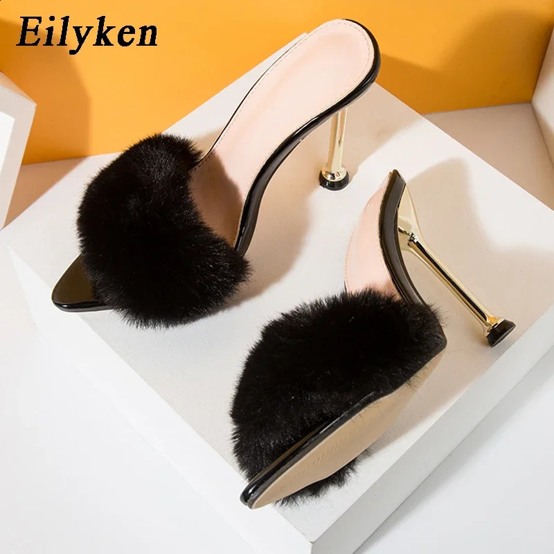 Eilyken Summer Fashion n Fluffy Fur Pointed Toe Women Slippers Stiletto Heels Mules Slide Ladies Shoes 260124