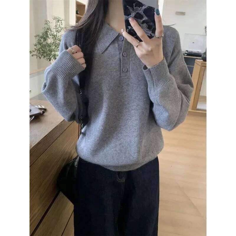 Retro Korean Polo Collar Women Autumn Winter Loose Top Pullover Sweater 26W0224