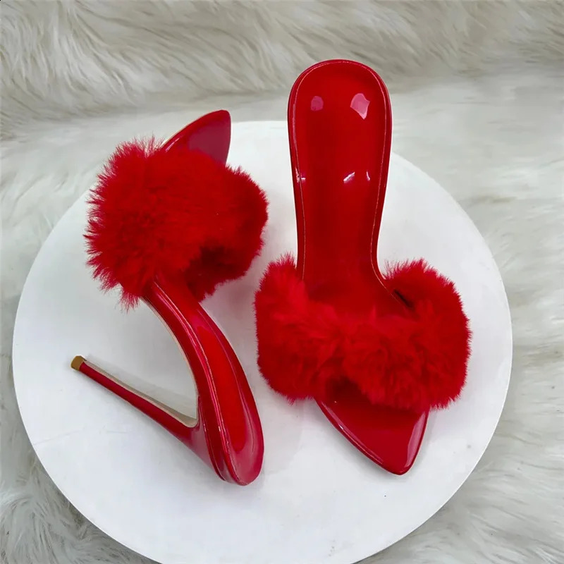 Sexy red faux fur women slippers 12cm high heels pointed toe dress dating party fashion shoes women sandals plus size LX050 260124