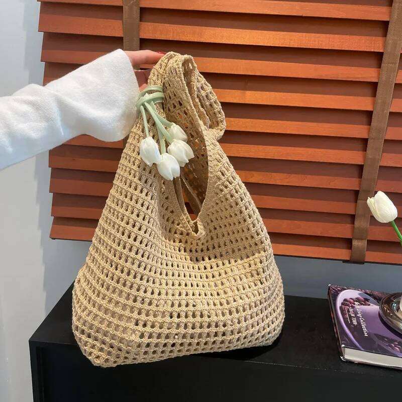Trendy Sweet Crochet Shoulder Bag with Tulip Pendant Leisure Beach Hollow Handbag Women Vacation Casual Woven Totes Z260224