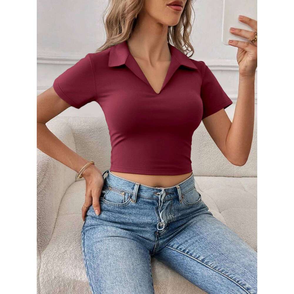 Women's Stretchy Fitted Crop Polo Shirt Short Sleeve V-Neck Collar Soft Blouse Casual Street Party Daily Wear Spring Summer 26W0224