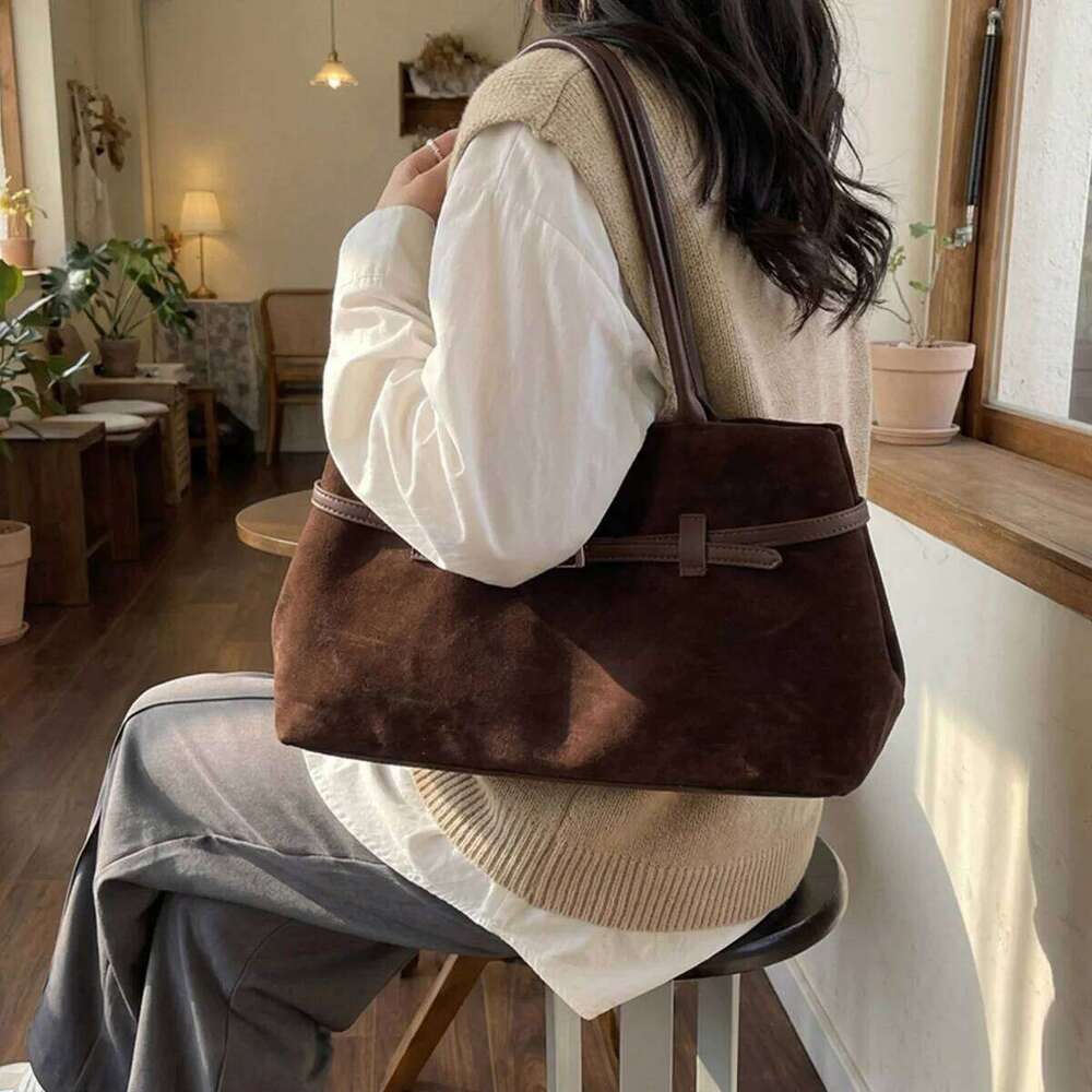 Simplicity Suede Tote Bag Belt Buckle Magnetic Clasp Large Capacity Water Resistant Bottom Studs for Daily Commute Shopping Z260224