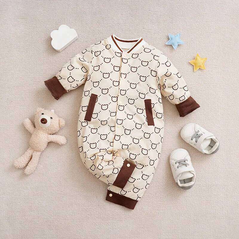 Spring Autumn Boys And Girls Cute Little Bear Full Print Cotton Comfortable Casual Long Sleeve Baby Bodysuit 26Y0224