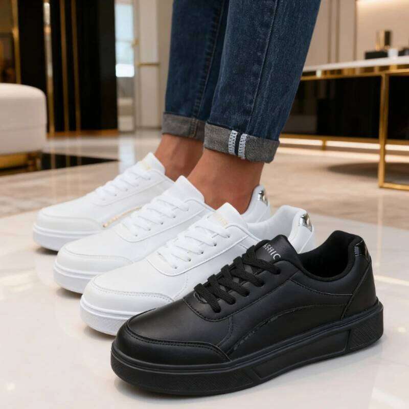 Men's Trendy Faux Leather Flat Heighten Skate Wear Resistance Non Slip Lace Up Sneakers Hot Sell Designer Shoes Men