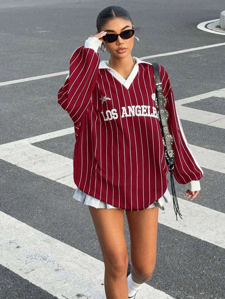 Women's Casual Striped Letter & Number Print Athletic Polo Collar Long Sleeve T-Shirt Drape Oversize Tops Streetweat Spring/Fall 26W0224