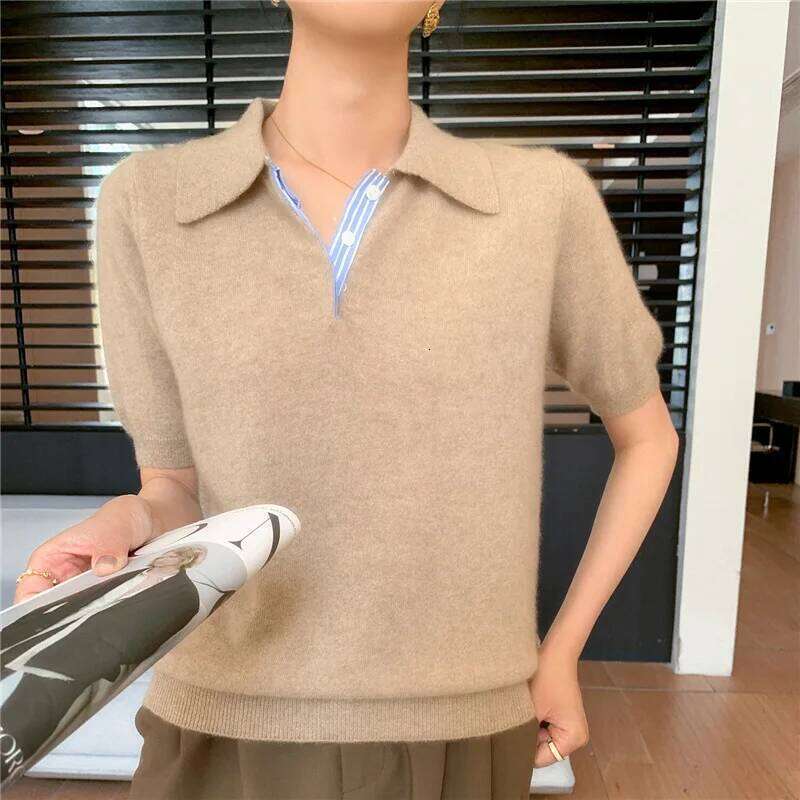 Autumn Winter Women Sweater 2025 Short Sleeve Knitted Pullovers Fashion Polo Collar Cotton Korean Solid Under Shirt Jumpers 26W0224