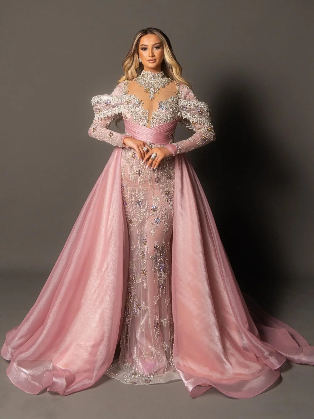 Gorgeous Evening Dresses High Neck Crystal Prom Dress with Detachable Train Long Sleeves Customized Party Gowns Vestidos De Noche Plus Size