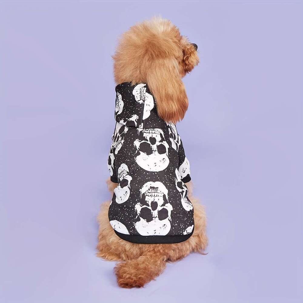Spooky Skull Print Dog Hoodie - All-Season Pet Sweatshirt For Small To Medium Breeds, Machine Washable Bamubi