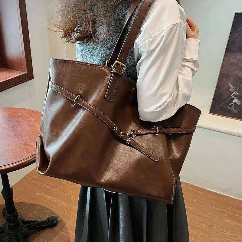 Korean Style Casual Solid Shoulder Vintage Large Capacity PU Leather Tote Bag Women Y2k Fashion Handbags Trend Underarm Bags Z260224