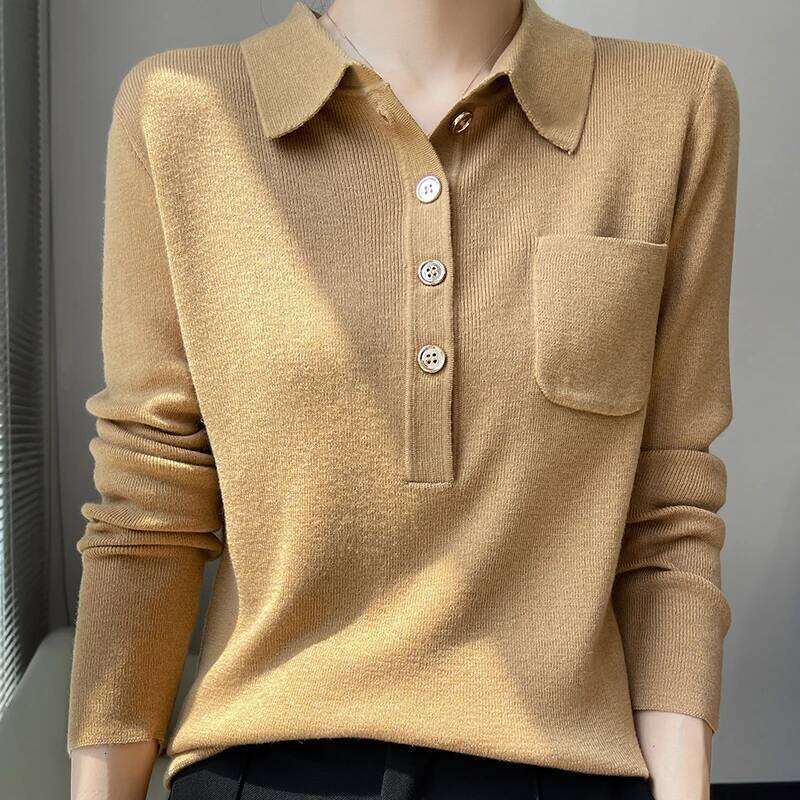 Women 100% Pure Merino Wool Soft Sweater Polo Collar Pullover Autumn Winter Casual Knit Tops Solid Color Regular Female Knitwear 26W0224