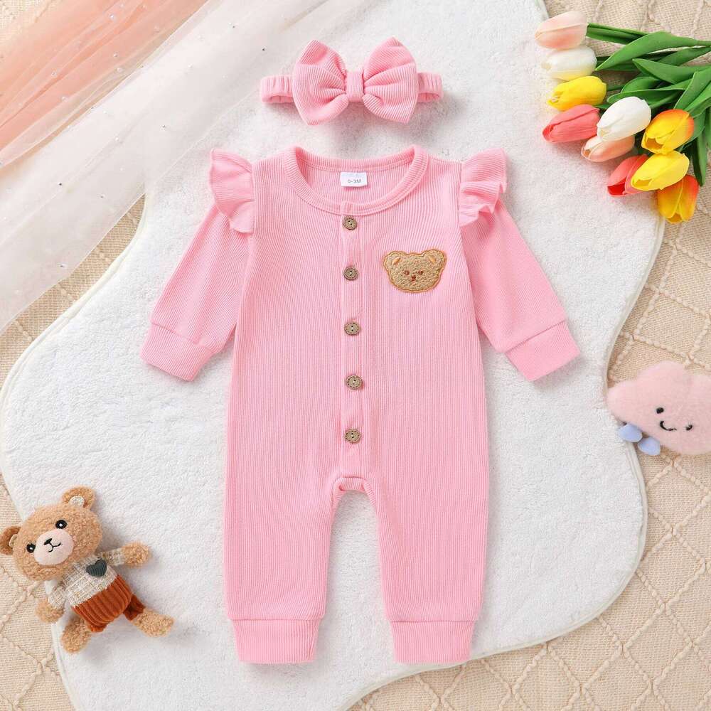 Newborn Baby Girl Autumn Soft Ruffle Long Sleeve Cute Bear Applique Ribbed Bodysuit And Headband Two Piece Set 26H0224