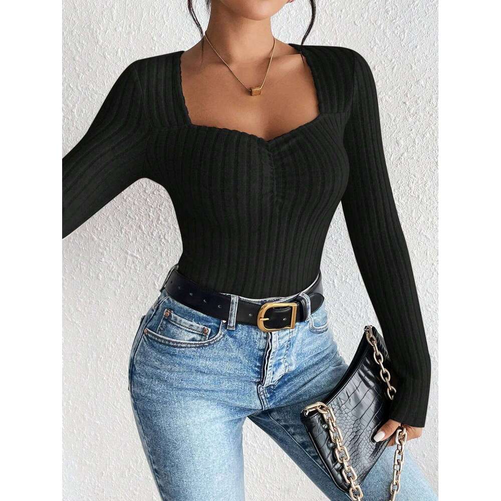Women's Fashion Collar Knitted Base Shirt Casual Long Sleeve Top Knitwear Trendy Elegant Style 26L0224