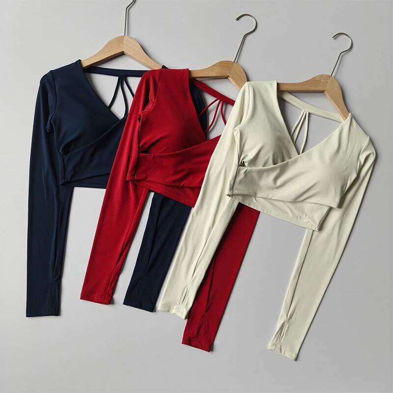 Women's Sexy V-neck Long Sleeve Yoga T-shirt less Slimming Padded Pilates Top Short Sports Cover for Fitness Shirt 26Y0224