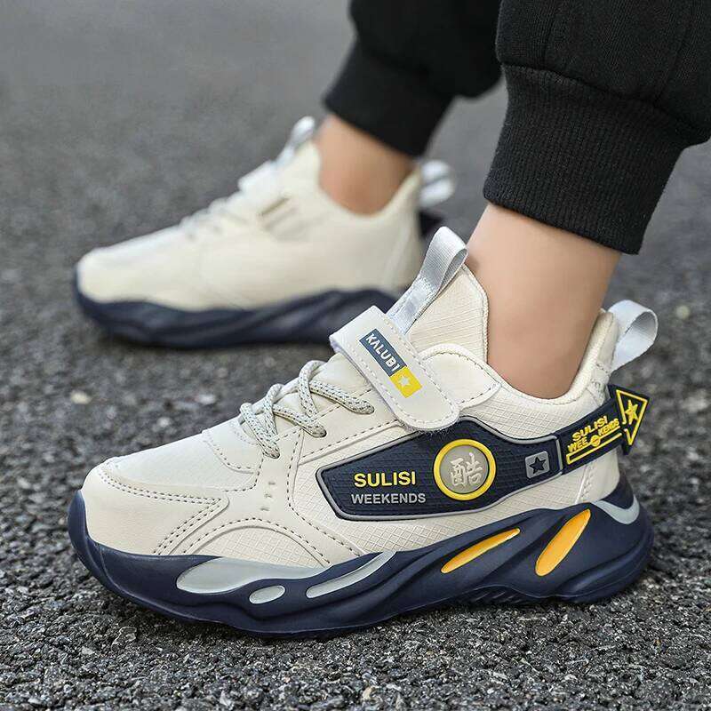 Kids Fashion Sneakers Boys Girls Sport Shoes Autumn Anti Slip Trainers with Velcro Strap Children Leather Sneaker for Daily Wear 26W0224