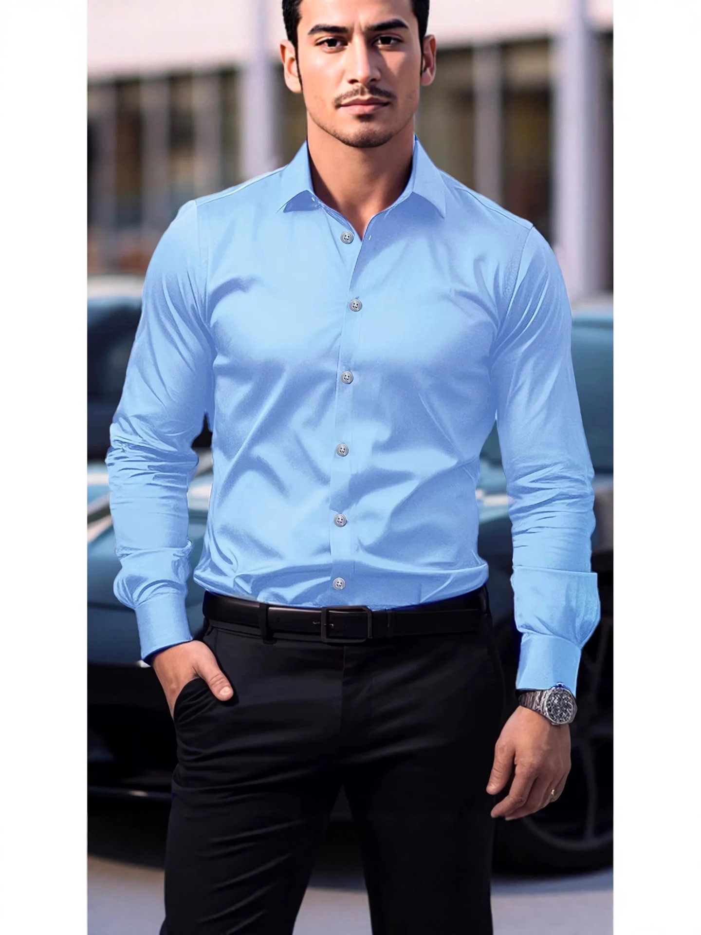 new European and American tough guy style tight-fitting shirt for men, slim fit, non-iron, long-sleeved cardigan, shiny, reflective, casual workwear s