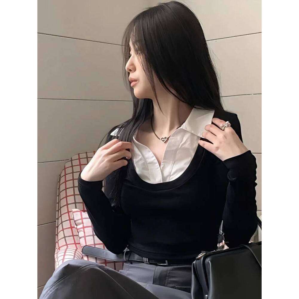 False Two piece Long sleeve Cropped T-Shirt With Collar Women Sexy Body Polo Neck Crop Top Spring Fall Basic Tee Lady Korean New 26W0224
