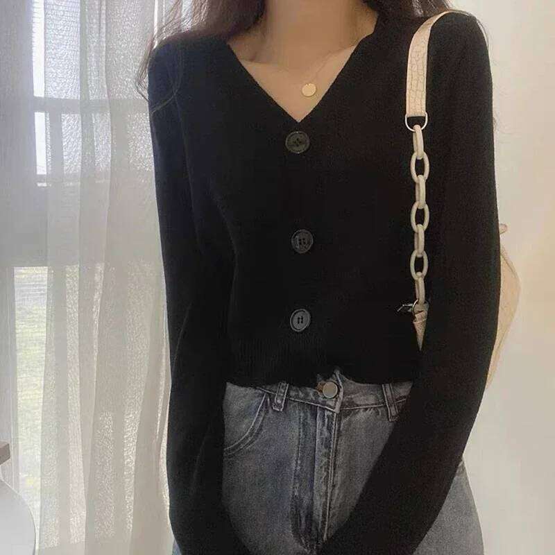 Solid Knitted 2024 Spring Autumn Long Sleeve Sweater Cardigan Women V Neck Short Top Office Ladies Slim Streetwear 26L0224