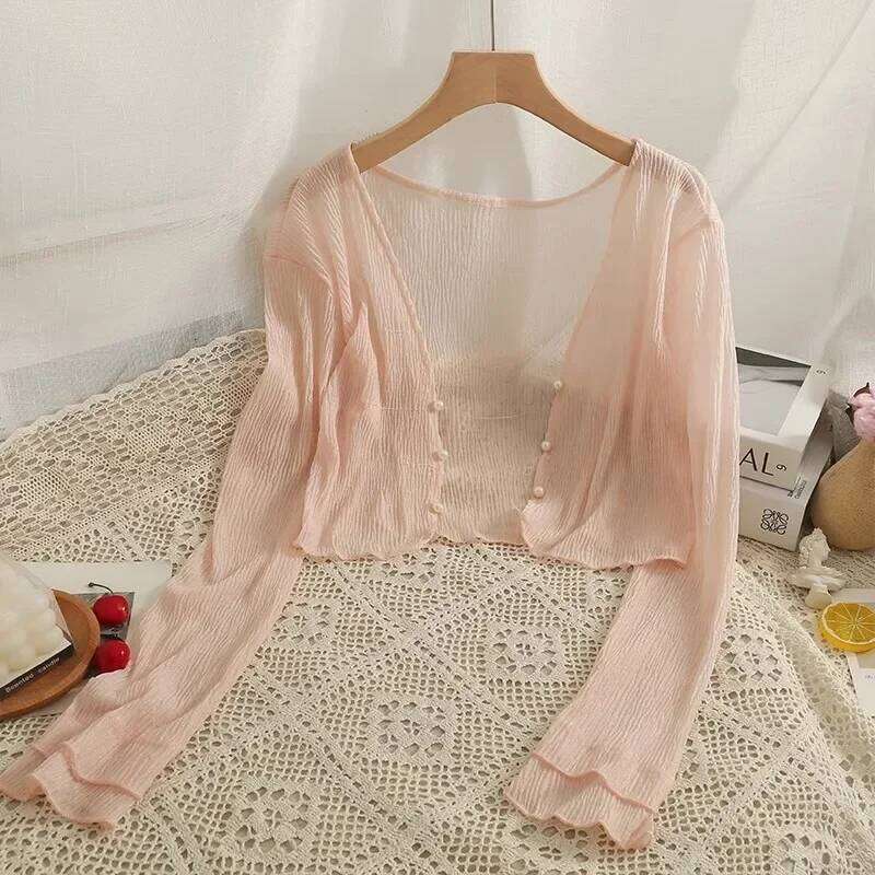 Button Front Crop Women Cardigan Sheer Knit Top Lightweight Bolero Sweater Summer Fairycore Beach Cover Up Blouse Outfit 26L0224