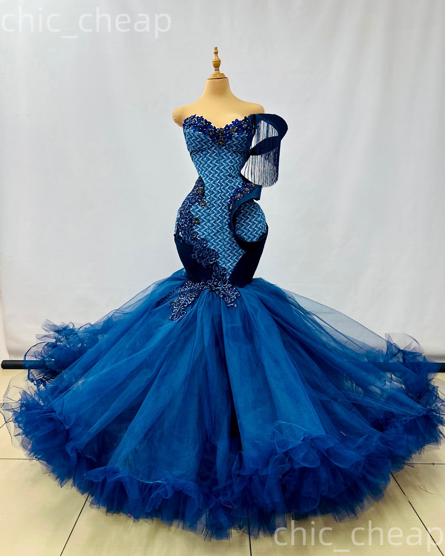 Aso Ebi Navy Blue Mermaid Prom Dresses 2026 Flowers Printed Sweetheart Evening Formal Party Second Birthday Engagement Gowns Dress For Special Occasio