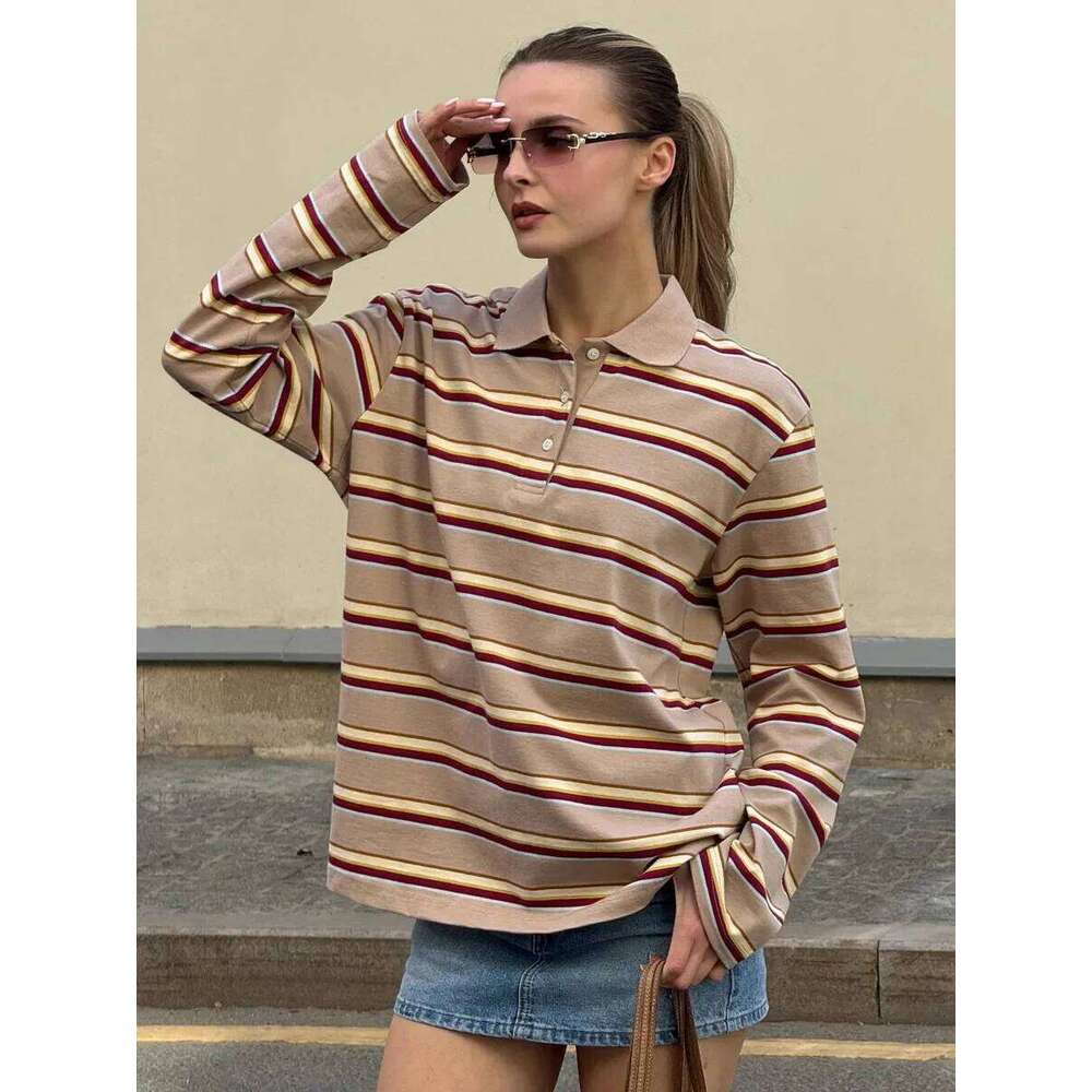 Bornladies Spring Summer New Women's Retro Striped Polo Collar Oversized Long Sleeve T - Shirt Trendy Casual Loose Basic Top 26W0224