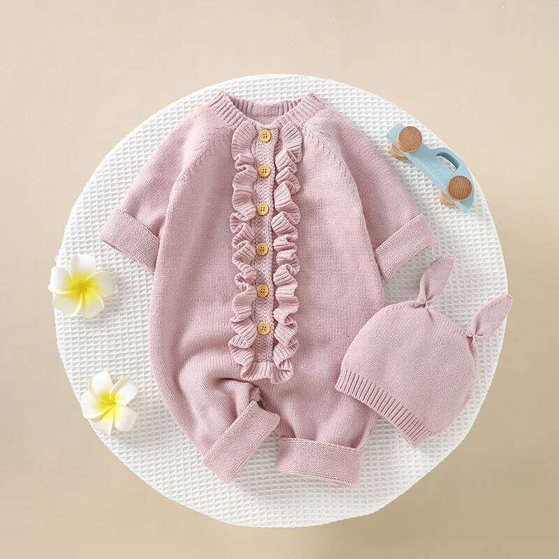 Infant Baby Rompers Knit Newborn Girl Boy Jumpsuit Long Sleeve Autumn Toddler Child Clothes Hat 0-18M Fashion Solid 2PC Overalls 26H0224