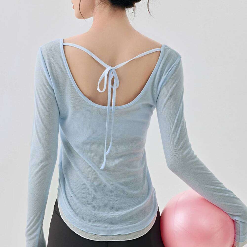 Women's Yoga Cover Up with Tie Design Long Sleeve Slim Fit Lightweight Shirt Sexy Revealing Gym Wear 26Y0224