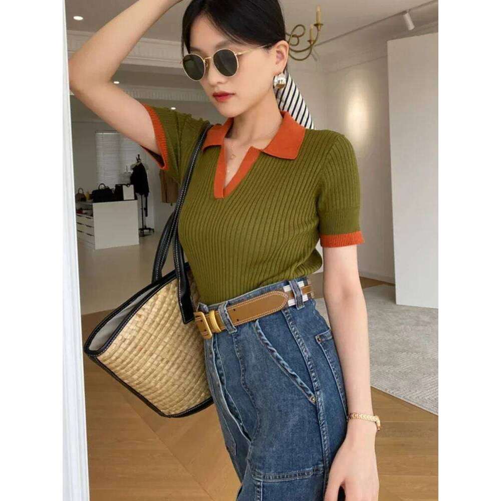 Women's T-shirt Polo Collar Short Sleeve Fashion Blouses 2025 Female Slim Knitted Tee White Skinny Casual Women Summer Tank Top 26W0224