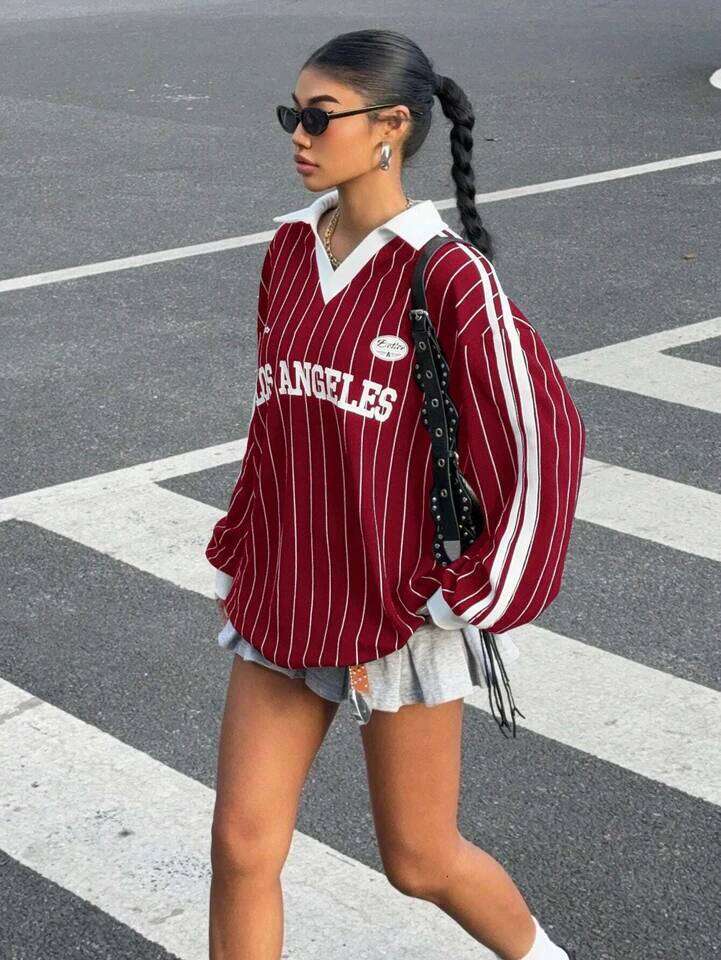 Women's Casual Striped Letter & Number Print Athletic Polo Collar Long Sleeve T-Shirt Drape Oversize Tops Streetweat Spring/Fall 26W0224