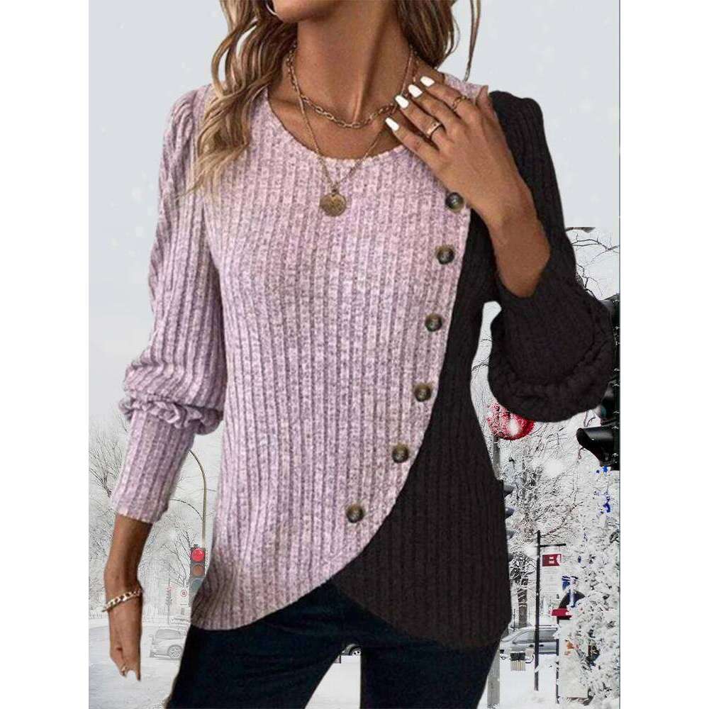 Autumn Buttons Pit Striped Women Sweaters Contrast Color Long Sleeve O-Neck Pullovers Loose Simple Knitted Clothing 26L0224