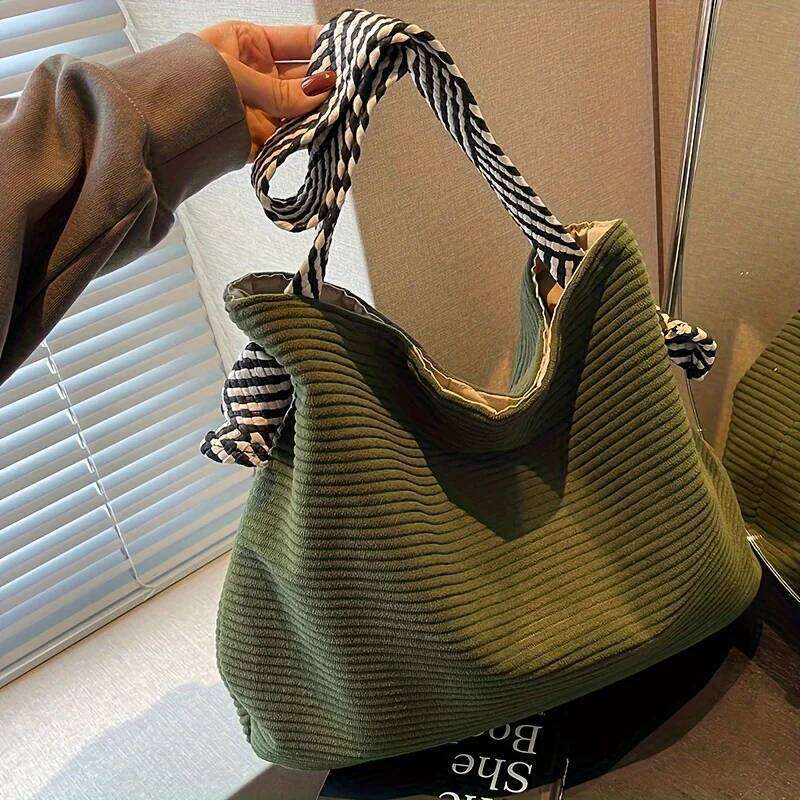 Women's Fashion Corduroy Tote Casual Handbag Shoulder Bag, Large Capacity, Daily Commute, Shopping Bags, Purse Phone Pouch Z260224