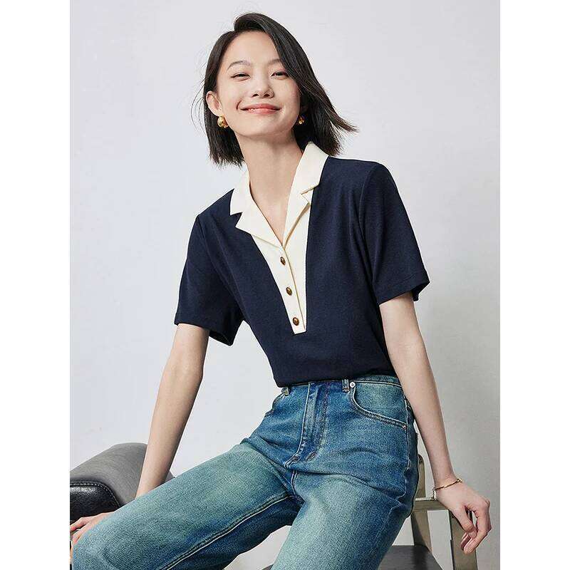 TOYOUTH Women Contrasting Colors POLO Collar T-shirt 2025 Summer New Short Sleeved Top 26W0224