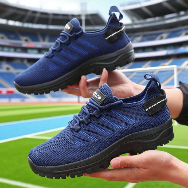 Men's Casual Mesh Breathable Knitted Comfortable Outdoor Flat Walking Shoes Trendy Striped Design Jogging Shoe Sneakers Men