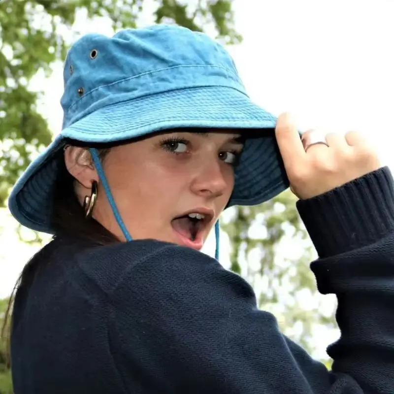 Blue Cowboy Hiking Bucket Hats with String Men Denim Beach Sun Hat for Women Outdoor Couple Bob Panama Summer Fisherman Cap 260206