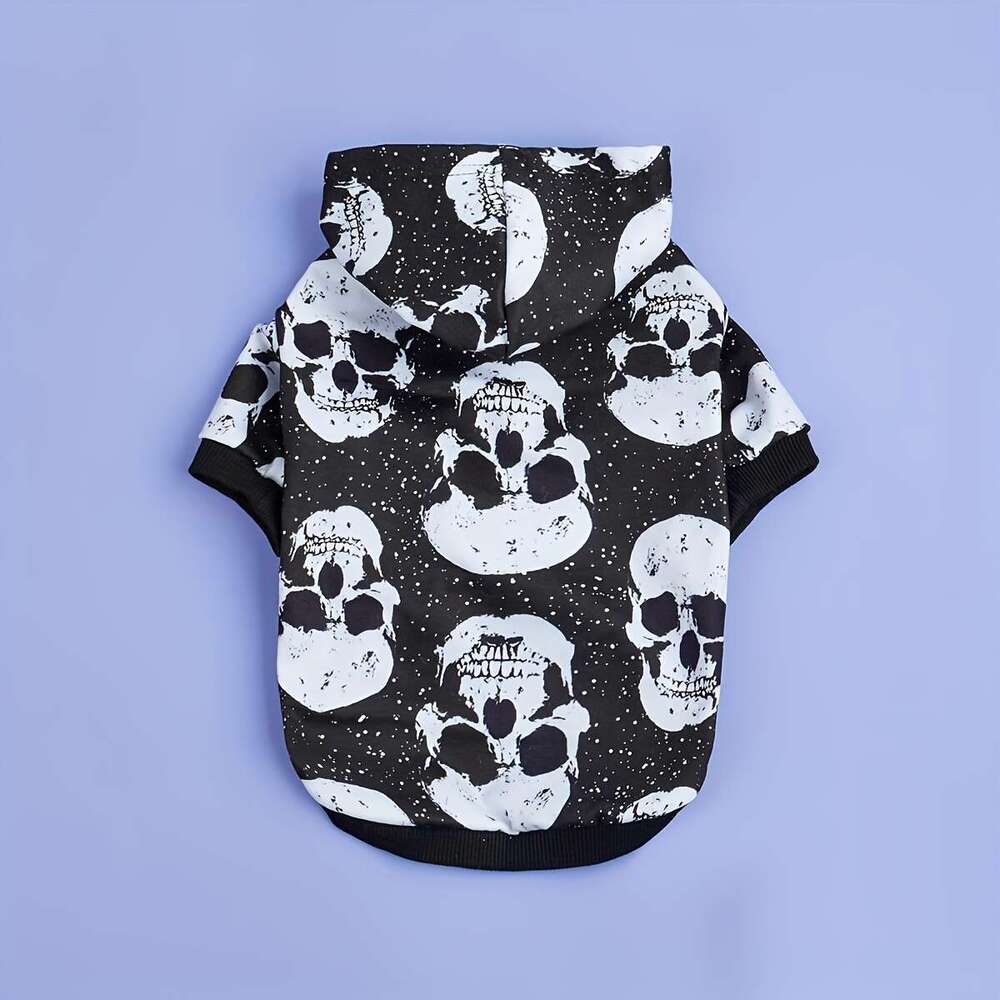 Spooky Skull Print Dog Hoodie - All-Season Pet Sweatshirt For Small To Medium Breeds, Machine Washable Bamubi