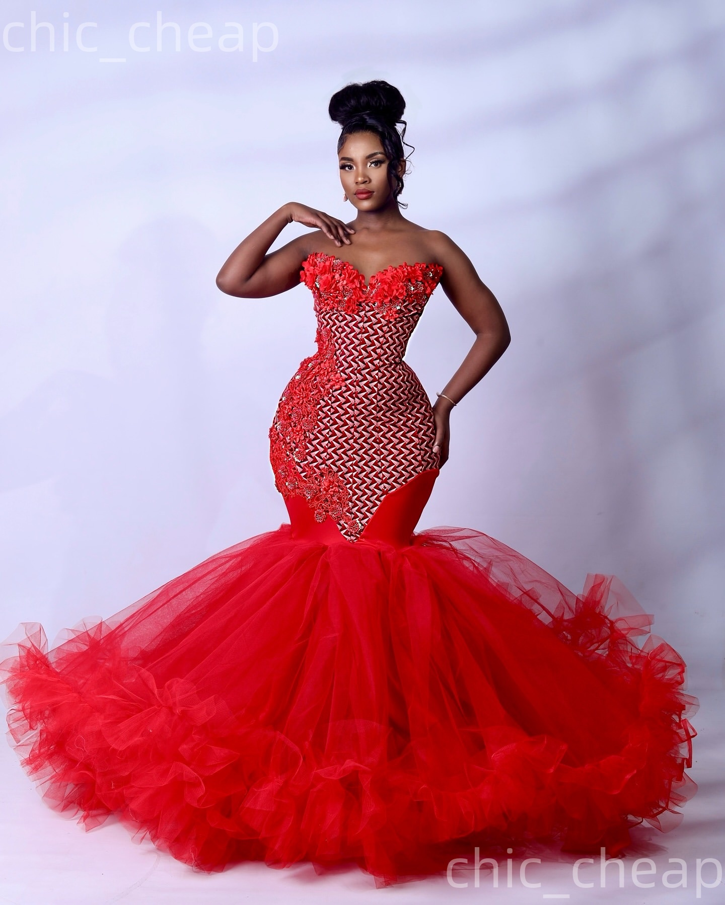 Aso Ebi Red Mermaid Prom Dresses 2026 Printed Flowers Lace Tulle Evening Formal Party Second Birthday Engagement Gowns Dress For Special Occasions ZJ0