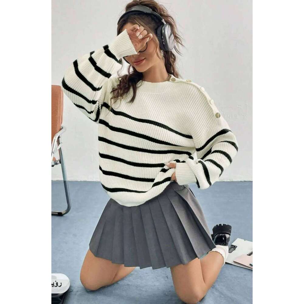 Women's White & Black Striped Knit Sweater Oversized Crew Neck Pullover with Shoulder Buttons 26L0224