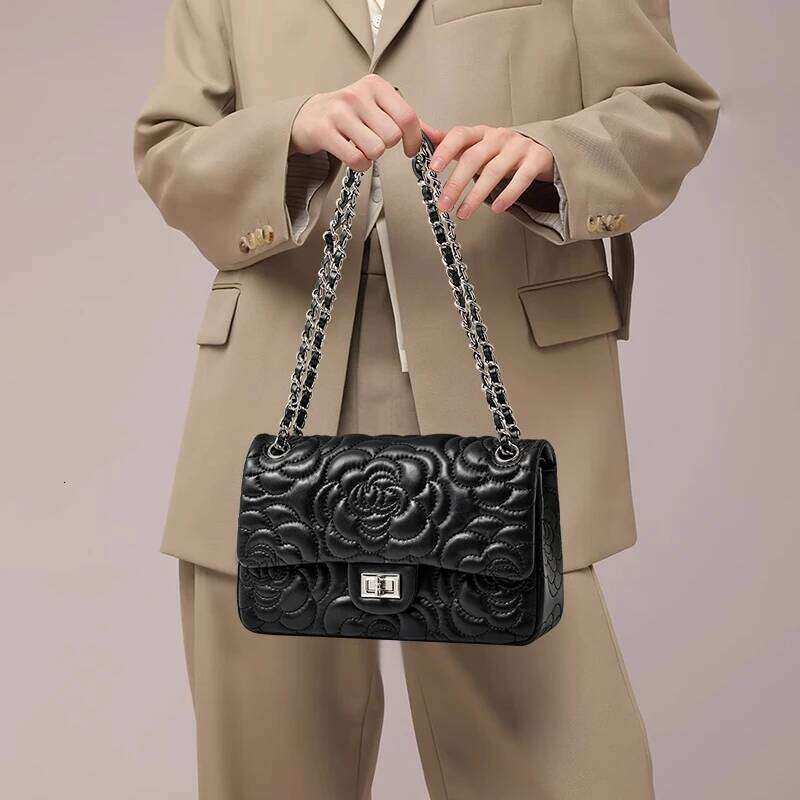 New Women's Senior Sense Ladies Leather Camellia Pattern Chain Shoulder Messenger Bag