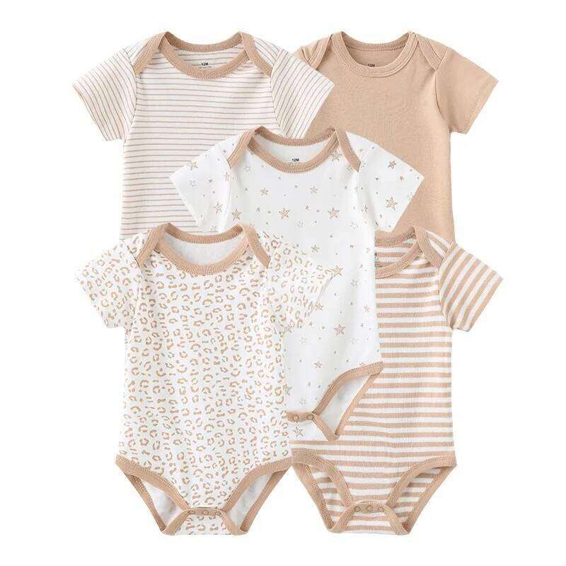 Kiddiezoom 5pcs Summer Short Sleeve Boy Girl Bodysuits Soft Newborn Baby Onesie 26Y0224