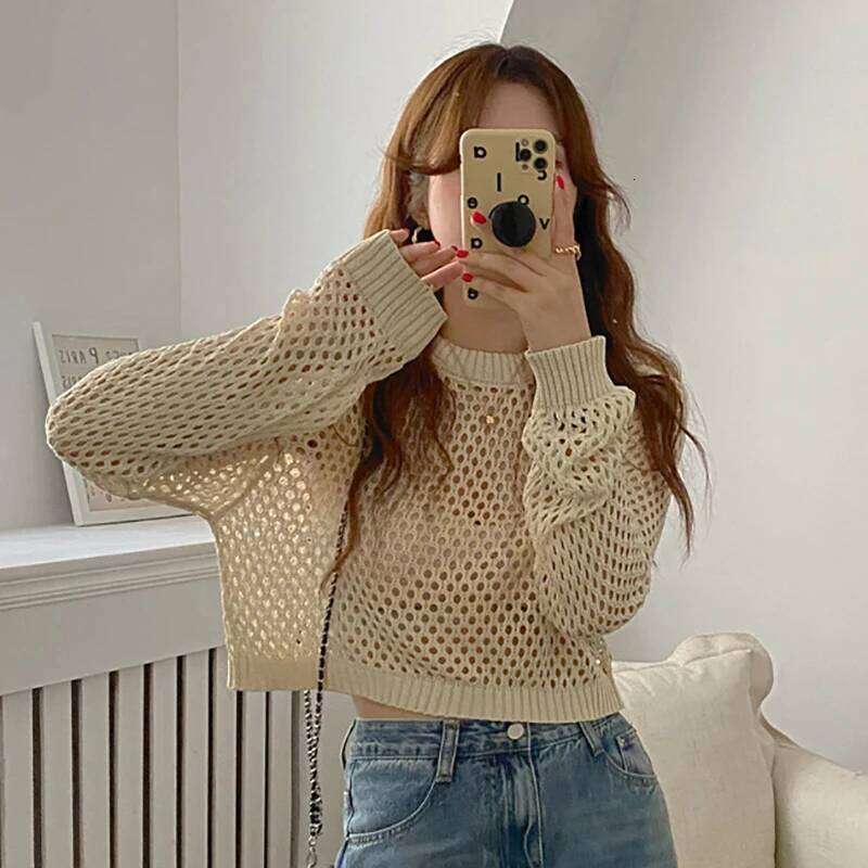 1pcs Summer Women Solid Color Round Neck Hollow Out Long Sleeve Casual Loose Knitted Top 26L0224