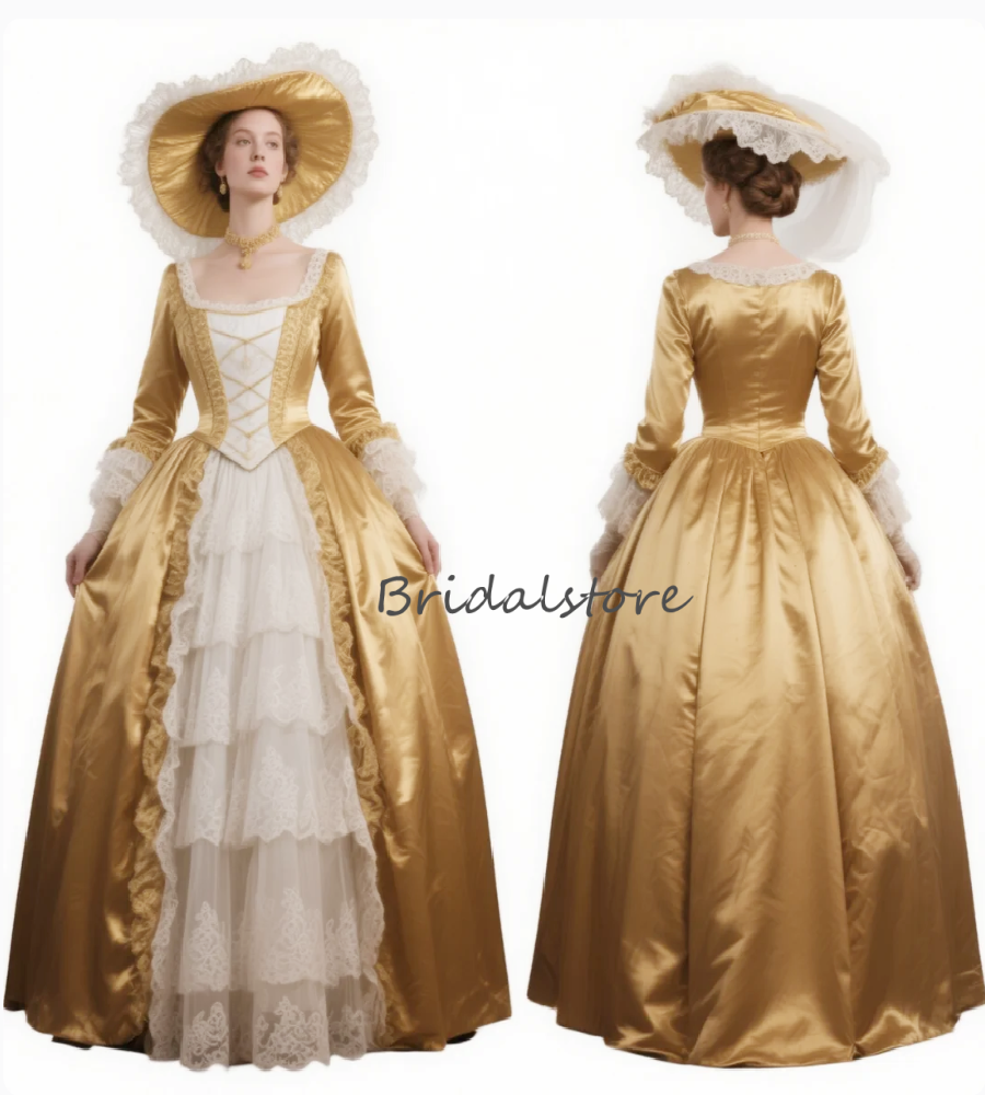 18th Century Court Gold Rococo Evening Dress 2026 Marie Antoinette Renaissance Prom Gown Lace Civil War Masquerade Costume Bustle Dress Medieval Forma