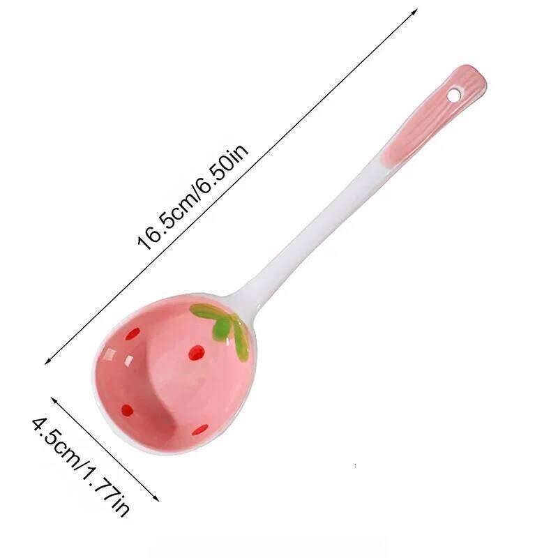 Kawaii Strawberry Ceramic Soup Cute Korean Ice Cream Hand Painted Coffee Dessert Long Handle Spoon Kitchen Accessories