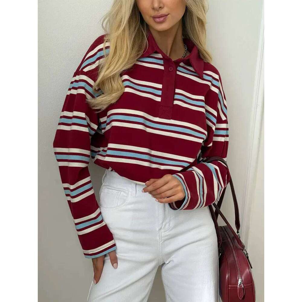 Autumn Casual Stripes Contrast Long-sleeved T-shirt Women Button Lapel Polo Shirt Tshirts New Streetwear Retro Chic Tops 2025 26W0224