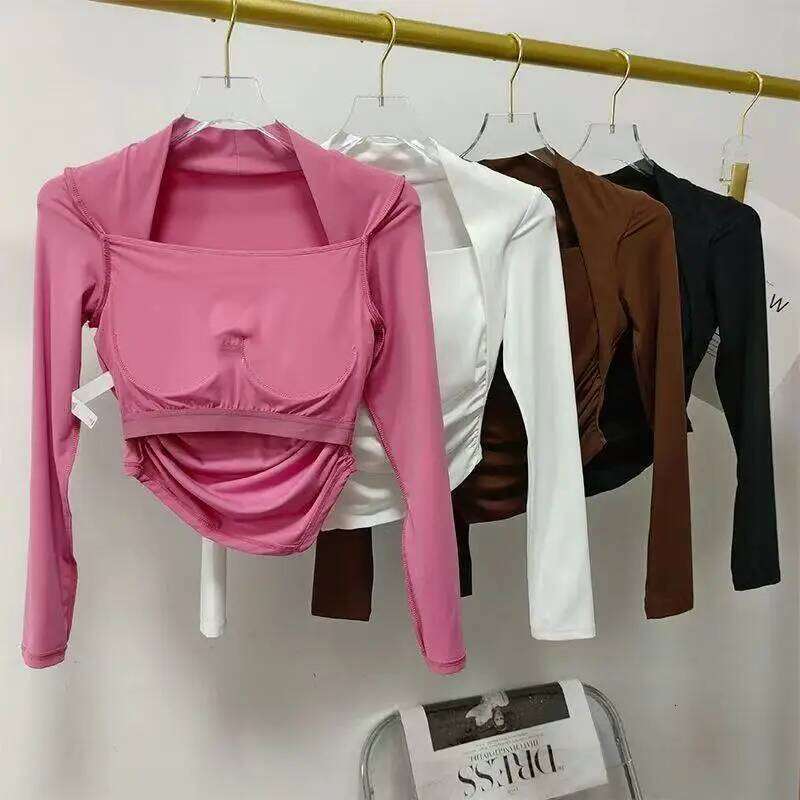 Women's Fixed-Pad Yoga Wear, Tight-Fitting, Slimming Sports Long-Sleeve Top, Running, Fitness, Pilates Training Apparel 26Y0223